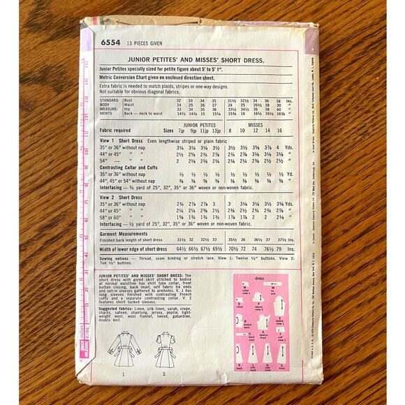 UNCUT Vintage 1970s Simplicity 6554 Sewing Pattern Womens Sz S Petite Mini Dress - Picture 2 of 2